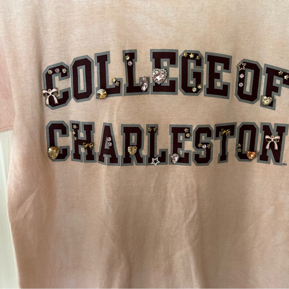 ****OOAK College of Charleston Bejeweled Pale Peachy Pink T-Shirt****